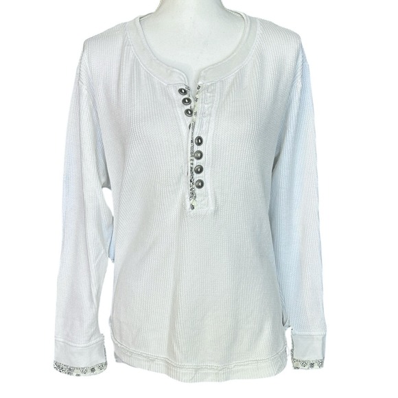 WE THE FREE Free People Waffle Knit Henley Top White Bandana Trim Women Small - Picture 2 of 11